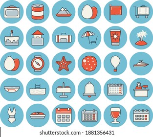 Thin line blue tinted icon set - egg flat vector, canned food, cake, pie, cutlet, wine, flag, calendar, swimsuit, sport bag, balloon, suitcase, hand luggage, sea beach, chaise lounge, island, pool