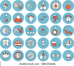 Juego de íconos de tintado azul de línea delgada - vector plano de sombrero duro, calculadora, jerarquía, público objetivo, inversiones, transfusión de sangre, discapacitado, ojo, dolor de cabeza, embrión, gestación, cromosomas, esperma, diente