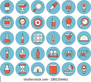 Thin line blue tinted icon set - energy saving lamp flat vector, electric stove, induction cooker, spice, sauce, lemonade, cocktail, soda, jam, thermometer, greenhouse, chemistry, magnifier, pipette