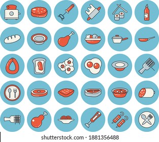 Thin line blue tinted icon set - frying pan flat vector, saute, whisk, rolling pin, toaster, blender, table setting, chop, ham, sausage, bread, spaghetti on a fork, dish, salad, soup, chicken