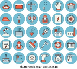 Thin line blue tinted icon set - crane flat vector, builder, hook, trowel, cogwheel, drill screwdriver, hard hat, switch box, putty knife, construction plummet, ax, spring balance, gloves, worker
