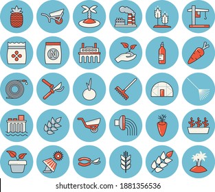 Thin line blue tinted icon set - ear flat vector, carrot, onion, pineapple, mustard, seeds, fertilizer vectory, home plant, hose, secateurs, seedlings, rake, irrigation, garden wheelbarrow, factory