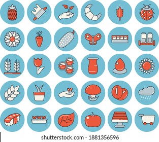 Thin line blue tinted icon set - rolling pin flat vector, gas, spice, jugful, croissant, coffee beans, carrot, tomato, cucumber, sashimi, pineapple, honeycomb, mushroom, ear, home plant, flower