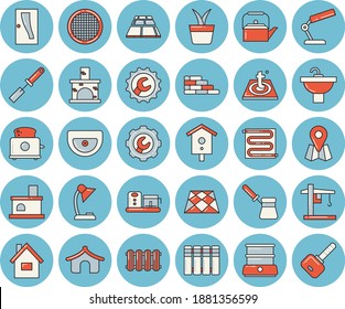Dünnlinenblaue, getönte Ikonenset - Haus mit flachem Vektor, Backsteinwand, Waschbecken, Eingangstür, Reparatur, Fußboden, Warmflur, Heizungsbatterien, Teekocher, Küchenspatel, Schildkröte, Toaster, Doppelkessel, Sieb