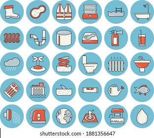 Thin line blue tinted icon set - sink flat vector, toilet, shower, pipes, level meter, warm floor, heating batteries, electric kettle, double boiler, fish, soda, well, watering can, hose irrigation