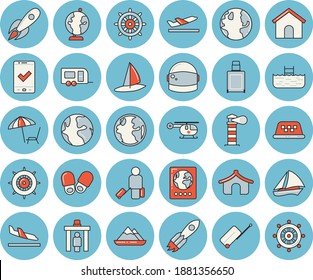 Thin Line Blue Tinted Icon Set - Earth Flat Vector, Lighthouse, Rocket, Helicopter, Globe, Astronaut Helmet Fector, Trailer, Sailboat, Control Gate, Luggage, Passport, Check In, Tent, Arrival, Pool