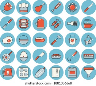 Thin line blue tinted icon set - cauldron flat vector, teflon, meashuring cup, teapot, electric kettle, cook hat, apron, potholder, kitchen spatula, whisk, egg timer, knives, meat hammer, stove, gas