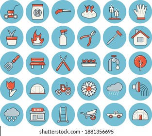 Thin line blue tinted icon set - ax flat vector, ear, fertilizer vectory, home plant, pickup truck, tree, flower, pulverizer, grain warehouse, tractor, pitchfork, knife, planting plants, ladder