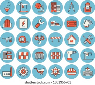Thin line blue tinted icon set - crane flat vector, house, brick wall, hook, concrete mixer, wheelbarrow, tool, drill screwdriver, tape measure, bag, skyscraper, tile, hard hat, switch box, barrier