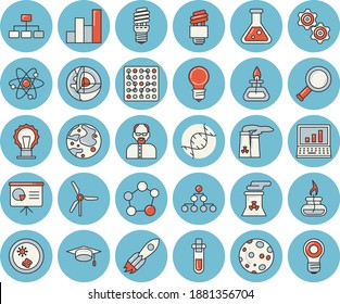 Thin line blue tinted icon set - lamp flat vector, energy saving, rocket, flask, molecule, atom, chart, moon, fector, gas burner, computer, nuclear power plant, bachelor cap, magnifier, scientist