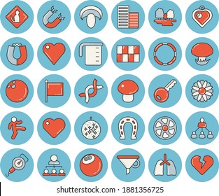 Thin line blue tinted icon set - skyscraper flat vector, tile, meashuring cup, spring balance, mushroom, flower, horseshoe, ventilation, forest, funnel, flag, heart, DNA, lungs, hierarchy, magnet