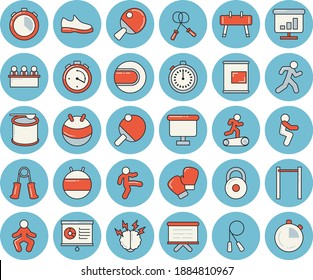 Juego de íconos de tono azul delgado - vectorial plano de flipchart, gráfico, encuentro, tormenta de ideas, peso, zapatillas, cronómetro, cuerda de salto, expansor carpal, barras paralelas, equipo deportivo caballo, bola de tenis