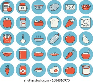 Thin line blue tinted icon set - colander flat vector, toaster, flour, potato, tomato, onion, carrot, cheese, bread, spaghetti, salad, soup, porridge, garlic, cucumber, French fries, scrambled eggs