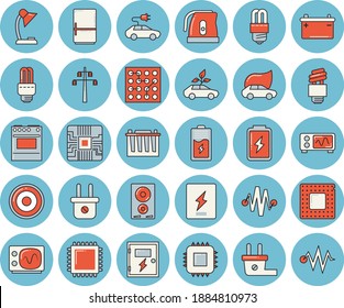 Thin line blue tinted icon set - energy saving lamp flat vector, switch box, electric kettle, stove, induction cooker, fridge, battery, accumulator, plug socket, power line support, eco cars, fector