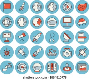Thin line blue tinted icon set - main pipeline flat vector, tree leaf, earth, satellite antenna, laser, billboard, rocket, flag, satellit, lunar rover, ufo, telescope, folders for papers, gallery
