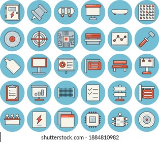 Thin line blue tinted icon set - switch box flat vector, fence, meat hammer, cutting board, bench, motherboard, signboard, billboard, flipchart, clipboard, chart, sticker, point diagram, to do list