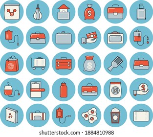 Juego de íconos de color azul claro - bolsa de herramientas vector plano, grañones, espagueti en un tenedor, palomitas, vectoria de fertilizante, estuche, inversiones, riqueza, bolsas, calidez médica, transfusión de sangre, maletín, deporte