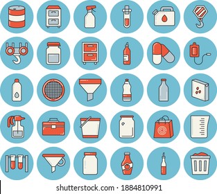Juego de íconos de tintado azul delgado de la línea azul - gancho vectorial plano, bolsa de herramientas, taza de mechero, grañones, frasco de vidrio, tamiz, salsa, mostaza, ketchup, pulverizador, hebilla, tanques de aceite, bote, botellas, embudo, bolsas