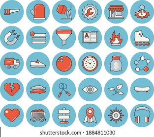 Thin line blue tinted icon set - concrete mixer flat vector, repair, potholder, fish, grain warehouse, saw, sun, bonfire, tree leaf, laser, magnet, mining, funnel, wealth, clock, trucking, eye, menu