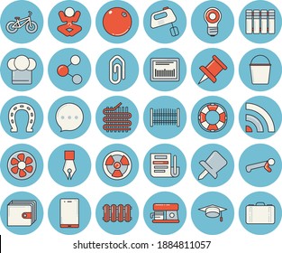 Juego de íconos de color azul claro - vectores planos de valla, baterías de calefacción, sombrero de cocinero, mezclador, máquina de café, naranja, herradura, hebilla, hebilla, ventilación, radiación, fabricación de tela, bolsa, código de barras, yoga