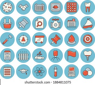 Thin line blue tinted icon set - meat hammer flat vector, main pipeline, hydroelectric power station, drop, eco cars, radiator, metallurgy, target audience, flag, calendar, express delivery, virus