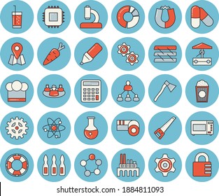 Dünnlinenblaues Symbol-Set - Sägeflachvektor, Axt, Kochmütze, Mikrowelle, Popcorn, Soda, gut, Karotten, Pflanzen, Cograd, Hauptplatine, Standort, Marker, Mikroskop, medizinische Analyse, Ampulle, Atom