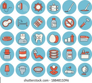 Thin line blue tinted icon set - meat hammer flat vector, egg, plates, canned food, piece of cake, dish, chop, ice cream, hose irrigation, sun, pond, electric cars, vial, medical warmer, physician