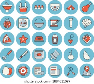 Juego de íconos de color azul claro - vectores planos de fregadero, plummet de construcción, caldero, cuchara de cocina, cocina de inducción, huevo, pizza, pollo, ajo, cebolla, palomitas, ladybird, zócalo, metalurgia, noticias