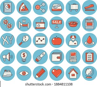 Thin line blue tinted icon set - house flat vector, electric stove, pizza, soup, tomato, pool, fireplace, drop, rocket, molecules, purse, idea, book balance accounting, sell out, clipboard, stapler