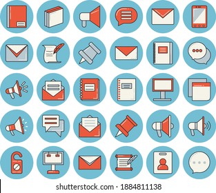 Thin line blue tinted icon set - billboard flat vector, mouthpiece, chat, notebook, sticker, mail, hostory roll, pushpin, indentity card, do not disturb, message, envelope, mobile