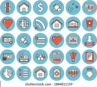 Thin line blue tinted icon set - house flat vector, welding, earth, graphic report, cash, dollar, team, machine, heart, computer chart, satellit, sun protection cream, flippers, menu, broadcast