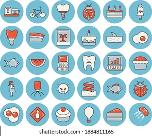 Thin line blue tinted icon set - food processor flat vector, fish, watermelon, cupcake, piece of cake, scrambled eggs, ladybird, virus, gestation, caries, implant, computer, bicycle, balloon, photo