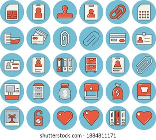 Thin line blue tinted icon set - cookbook flat vector, SIM card, credit, wealth, heart, clip, badge, archive, folders for papers, indentity, hotel first line, cash dispenser, photo, pass, stamp