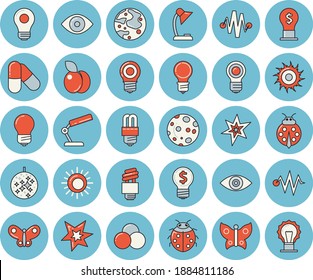 Thin line blue tinted icon set - energy saving lamp flat vector, plum, ladybird, butterflies, idea, eye, reading, moon, bulb, fector, spark, electric discharge, pills, sun, disco ball