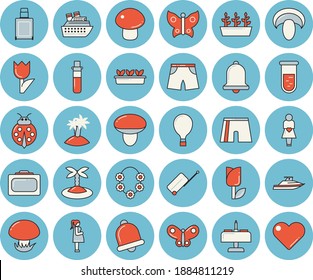 Thin line blue tinted icon set - mushroom flat vector, ladybird, tulip, seedlings, butterflies, blood test, gestation, athletic shorts, balloon, luggage, suitcase, island, hawaiian wreath, yacht