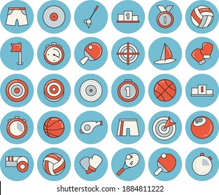 Thin line blue tinted icon set - target flat vector, medal, pedestal, whistle, bowling ball, basketball, volleyball, stopwatch, athletic shorts, sports flag, boxing gloves, table tennis, golf