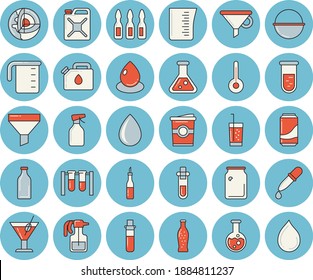 Juego de íconos de tintado de color azul delgado - cauldron vectorial plano, taza de emasplante, temperatura, salsa, limonada, cóctel, soda, café, pulverizador, gota, bote de vidrio, embudo, pipeta, análisis de sangre