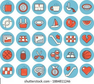 Thin line blue tinted icon set - house layout flat vector, tile, flooring, scissors, watermelon, dish, coffee beans, tea, pineapple, honeycomb, metallurgy, dna, medal, basketball, escalator, gallery