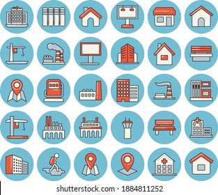 Thin line blue tinted icon set - house flat vector, skyscraper, heating batteries, bench, gas station, refueling, factory, manufactory, plant, crane, store front, billboard, location, hospital, hike