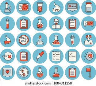 Thin line blue tinted icon set - chemistry flat vector, pipette, blood test, computer diagnostics of health, clipboard, medical analysis, artificial insemination, stomach, to do list, flask, beakers