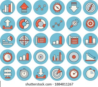 Juego de íconos de color azul delgado - balance de resorte vector plano, cronómetro, señal, crisis, gráfico, estadísticas, dispersión, estadística, diagrama de clircle, objetivo, rayo, logro, puntero, brújula