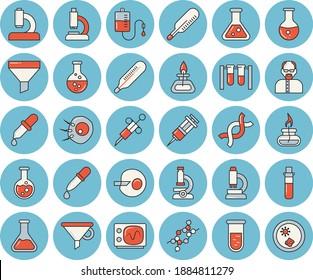 Thin line blue tinted icon set - chemistry flat vector, funnel, blood transfusion, thermometer, pipette, test, syringe, microscope, medical analysis, DNA, artificial insemination, flask, gas burner