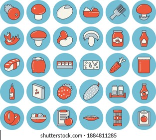 Thin line blue tinted icon set - spice flat vector, flour, groats, spaghetti, ketchup, legumes, lemon, cheese, on a fork, mushroom, salad, coffee beans, hot peppers, cucumber, sashimi, jam, mustard