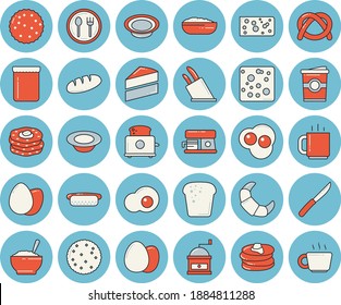 Thin line blue tinted icon set - cake flat vector, knives, coffee grinder, toaster, machine, egg, table setting, biscuit, pancakes, bagel, croissant, cheese, bread, hot dog, dish, porridge, coffe