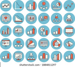 Juego de iconos teñidos de color azul de línea delgada - esquema de color vector plano, jerarquía, crisis, gráfico, estadísticas, dispersión, diagrama de flujo, diagnóstico informático de la salud, estadística, diagrama de clircle, punto, logro