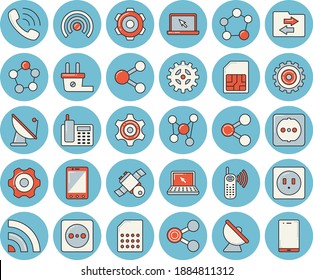 Dünne Linie blaues Farbsymbol Set - cograd flache Vektorgrafik, Sockel, Stecker, Satellitenantenne, SIM-Karte, Moleküle, Telefonanruf, Telefon, Laptop, Molekül, Satellit, teilen, senden, mobil