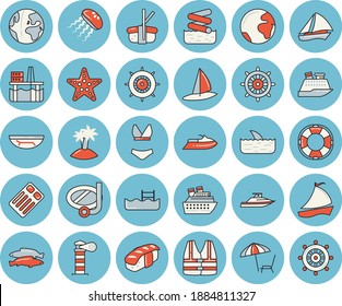 Thin line blue tinted icon set - sashimi flat vector, fish, oil production platform, lighthouse, sailboat, swimsuit, pool, earth, sea beach, chaise lounge, island, swimming mask, starfish, aquapark