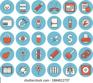 Thin line blue tinted icon set - repair flat vector, scissors, fridge, ham, lollipop, windmill, fence, tree leaf, magnet, dollar, barcode, blood test, virus, lungs, calendar, printer, pencil, bulb