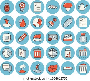 Thin line blue tinted icon set - level meter flat vector, groats, mushroom, cucumber, pineapple, pear, watering can, planting plants, pool, solar battery, tree leaf, lamp, eco cars, electric, earth