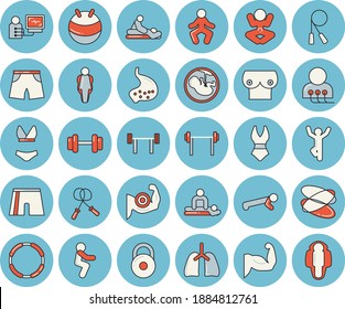 Thin line blue tinted icon set - massage flat vector, diagnostics, embryo, breast, stomach, lungs, dumbbell, barbell, weight, muscles, skipping rope, athletic shorts, fitball, swimsuit, yoga, squats